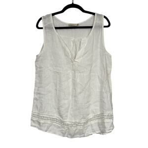 Logica White Linen Crochet Hem Blouse Womens M Lagenlook Beachy Breathable Tank